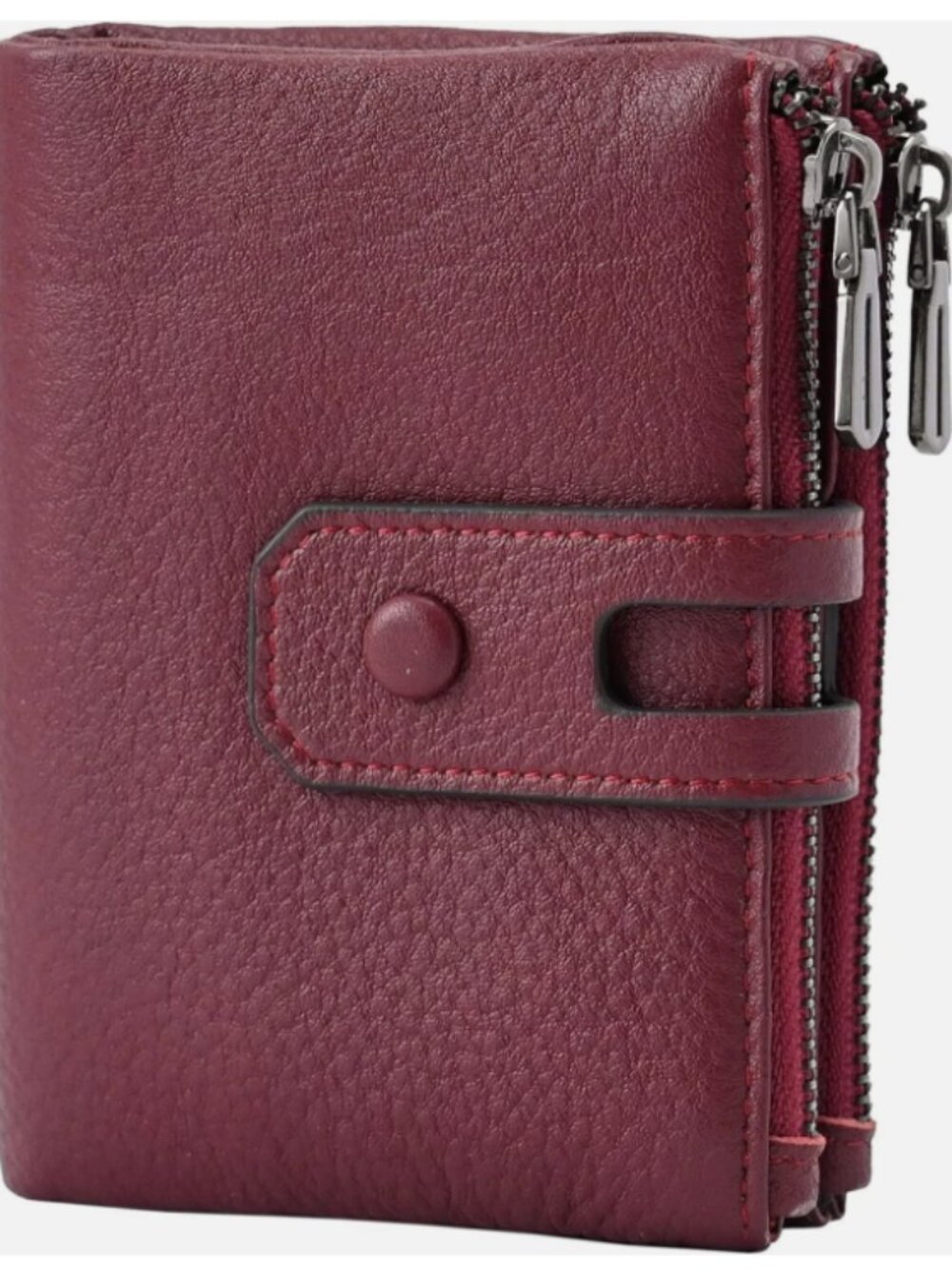 Bveyzi Small Soft Leather Wallet for Women RFID Blocking Wine Red Double Zipper